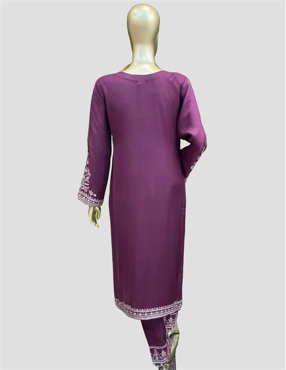 Plum Sequinned Raw Silk 3 Piece Suit