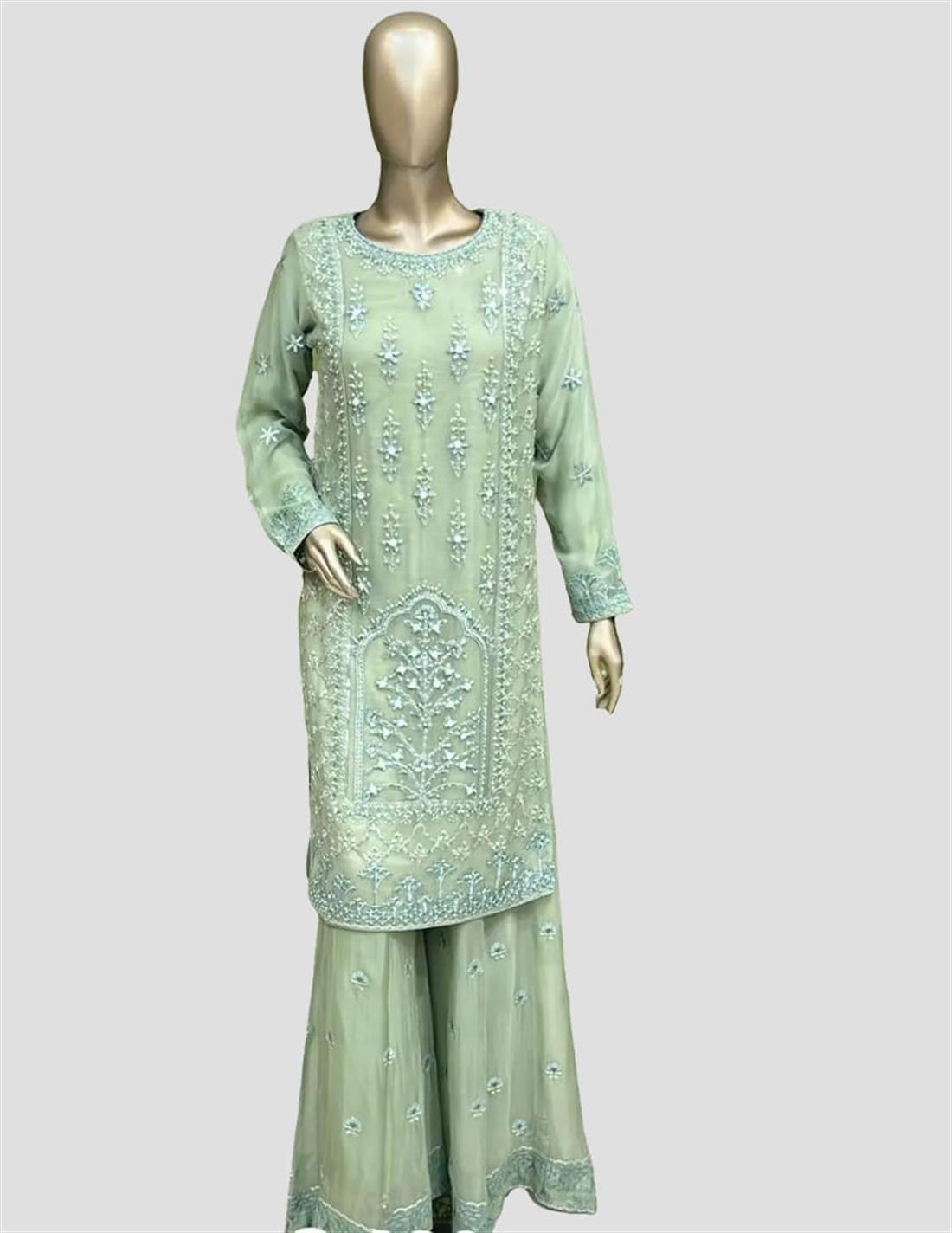 Mint Sequinned Chiffon Sharara 3 Piece Suit