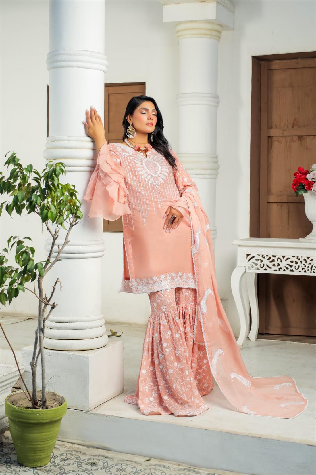 Peach Pink Sequinned Chiffon Gharara 3 Piece Suit