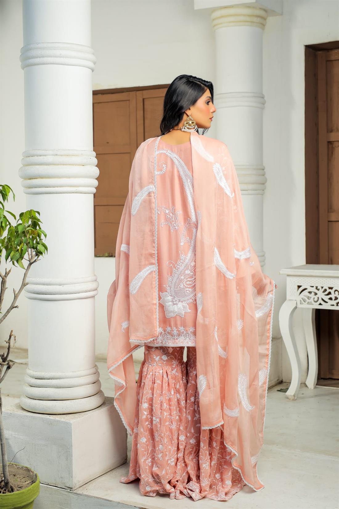 Peach Pink Sequinned Chiffon Gharara 3 Piece Suit