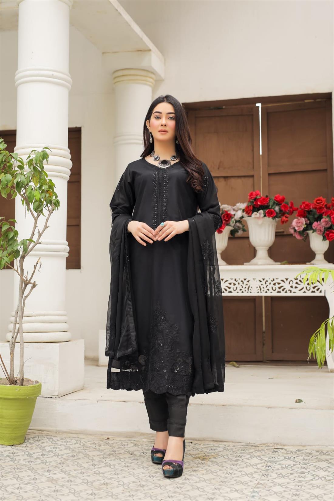 Black Sequinned Raw Silk 3 Piece Suit
