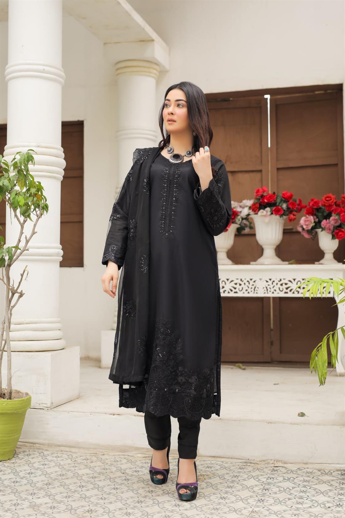 Black Sequinned Raw Silk 3 Piece Suit