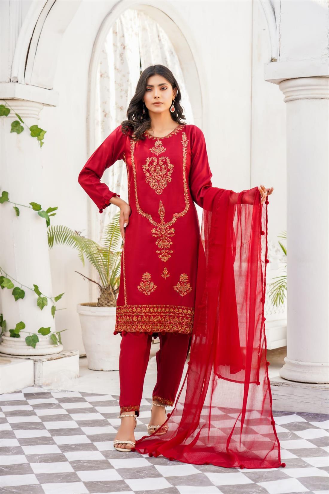 Maroon Embroidered Raw Silk 3 Piece Linen Suit
