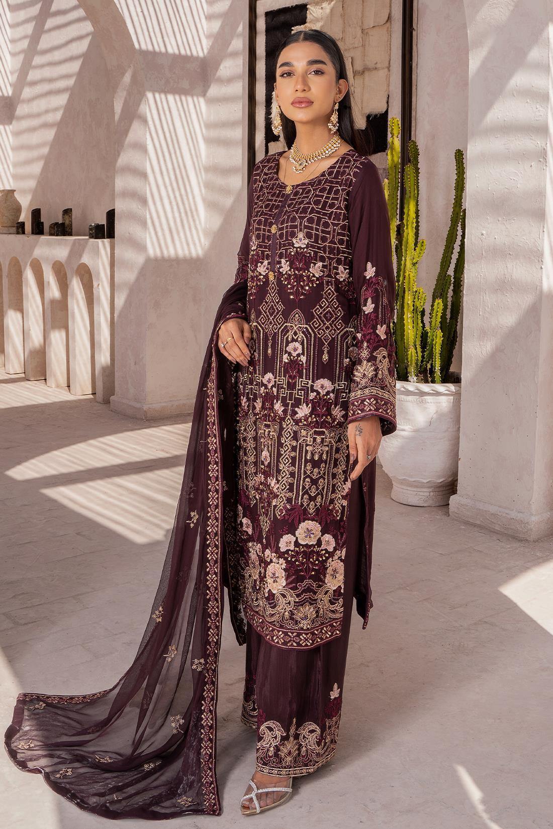 Dark Plum Sequinned Raw Silk Palazzo Stitched 3 Piece Suit