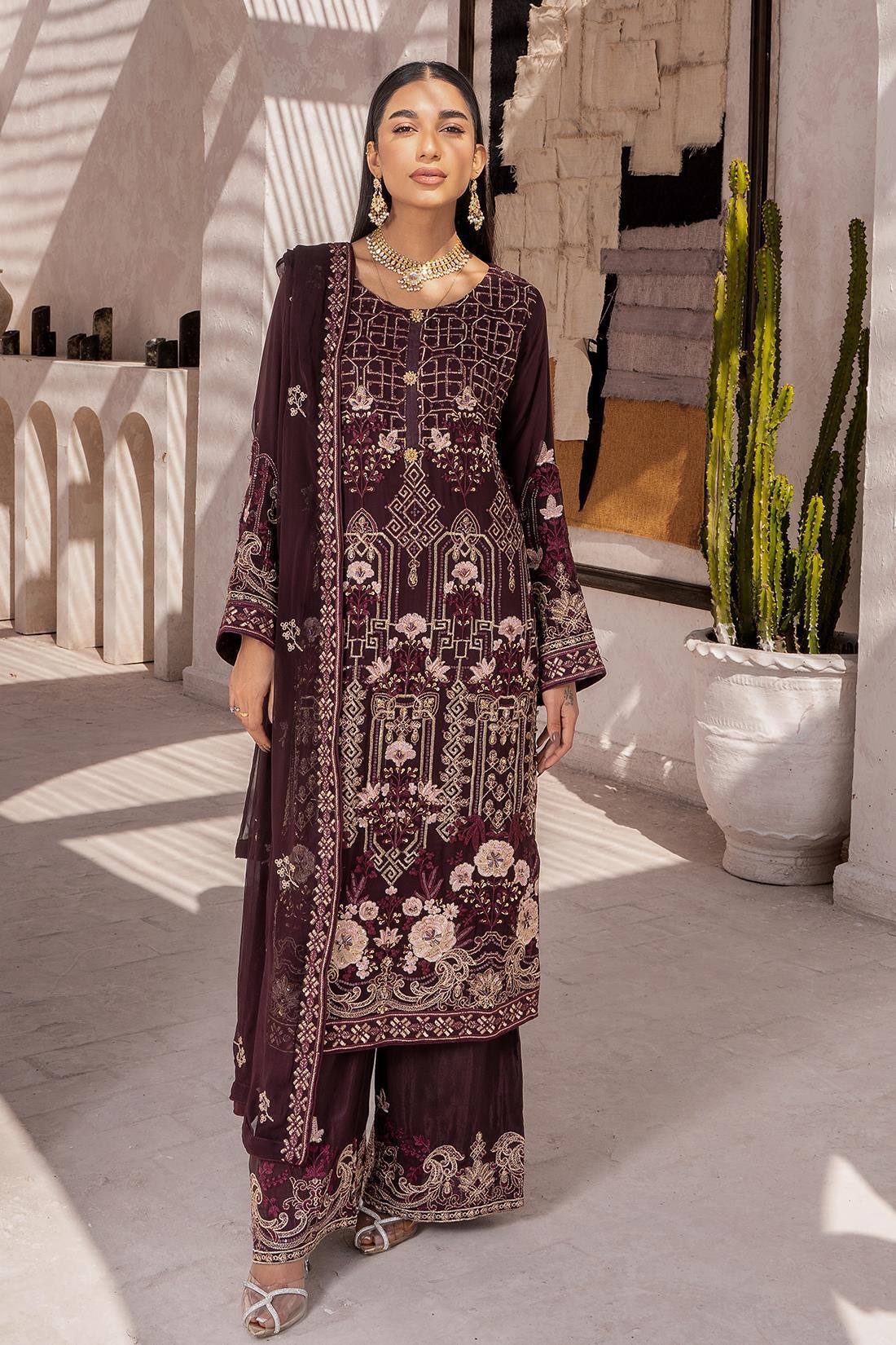 Dark Plum Sequinned Raw Silk Palazzo Stitched 3 Piece Suit