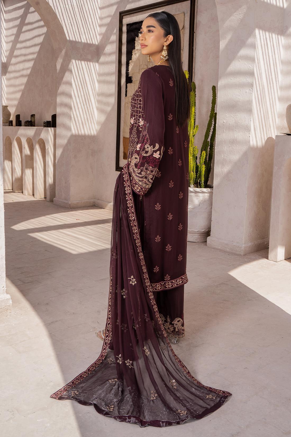 Dark Plum Sequinned Raw Silk Palazzo Stitched 3 Piece Suit
