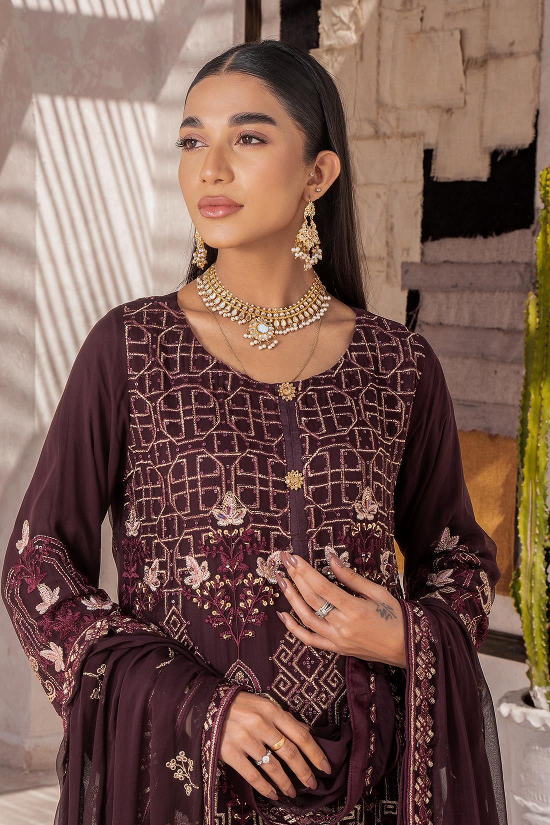 Dark Plum Sequinned Raw Silk Palazzo Stitched 3 Piece Suit