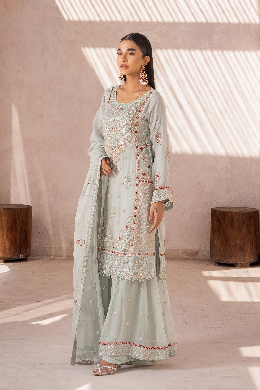 Mint Mirror Work Chiffon Sharara 3 Piece Suit