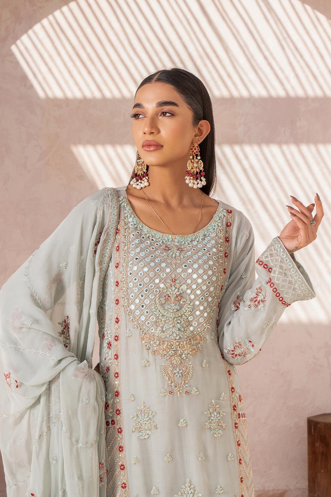 Mint Mirror Work Chiffon Sharara 3 Piece Suit
