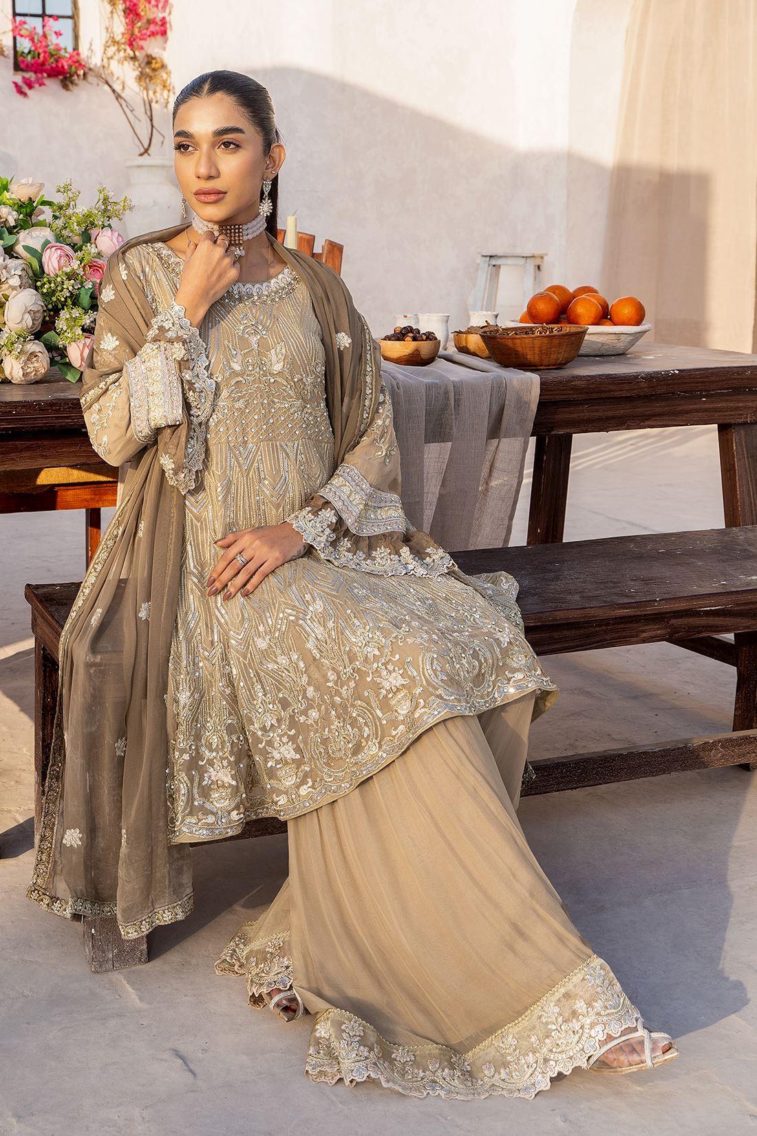 Brown Sequinned Chiffon Gharara 3 Piece Suit