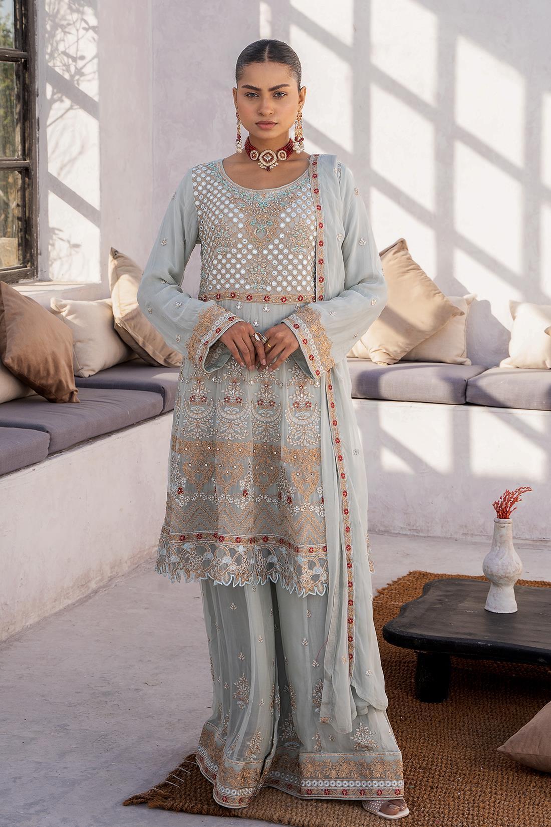 Mint Embroidered Chiffon Sharara 3 Piece Suit