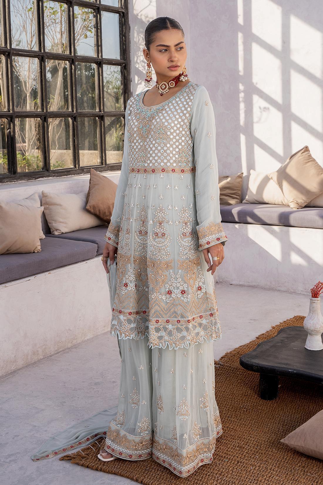 Mint Embroidered Chiffon Sharara 3 Piece Suit