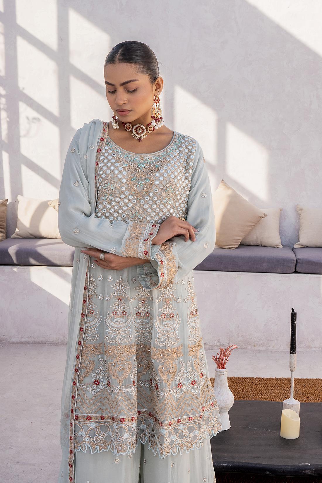 Mint Embroidered Chiffon Sharara 3 Piece Suit