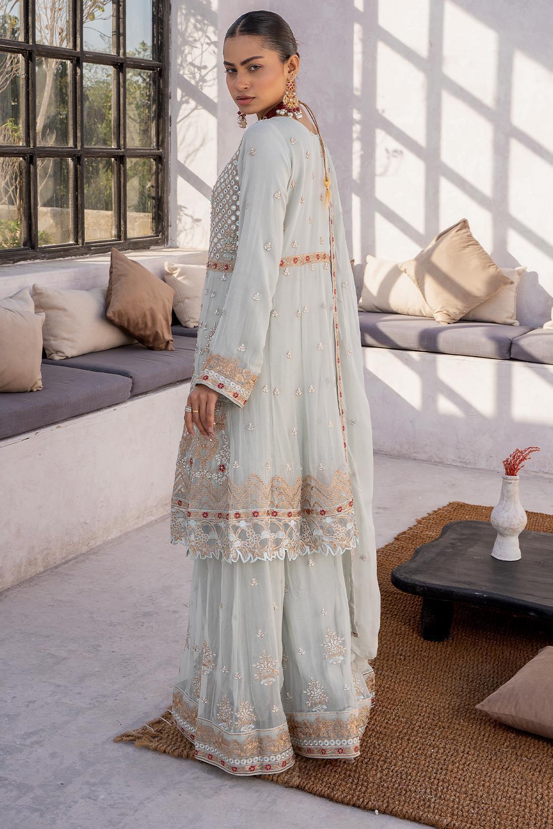 Mint Embroidered Chiffon Sharara 3 Piece Suit
