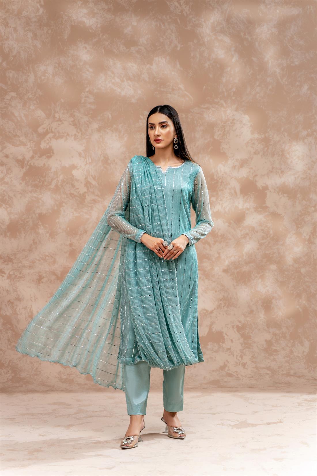 Sea Green Raw Silk Zoya Festive Collection