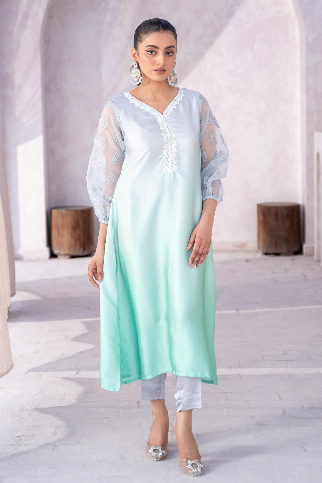 Grey & Mint Embroidered Organza A-Line Zoya Festive