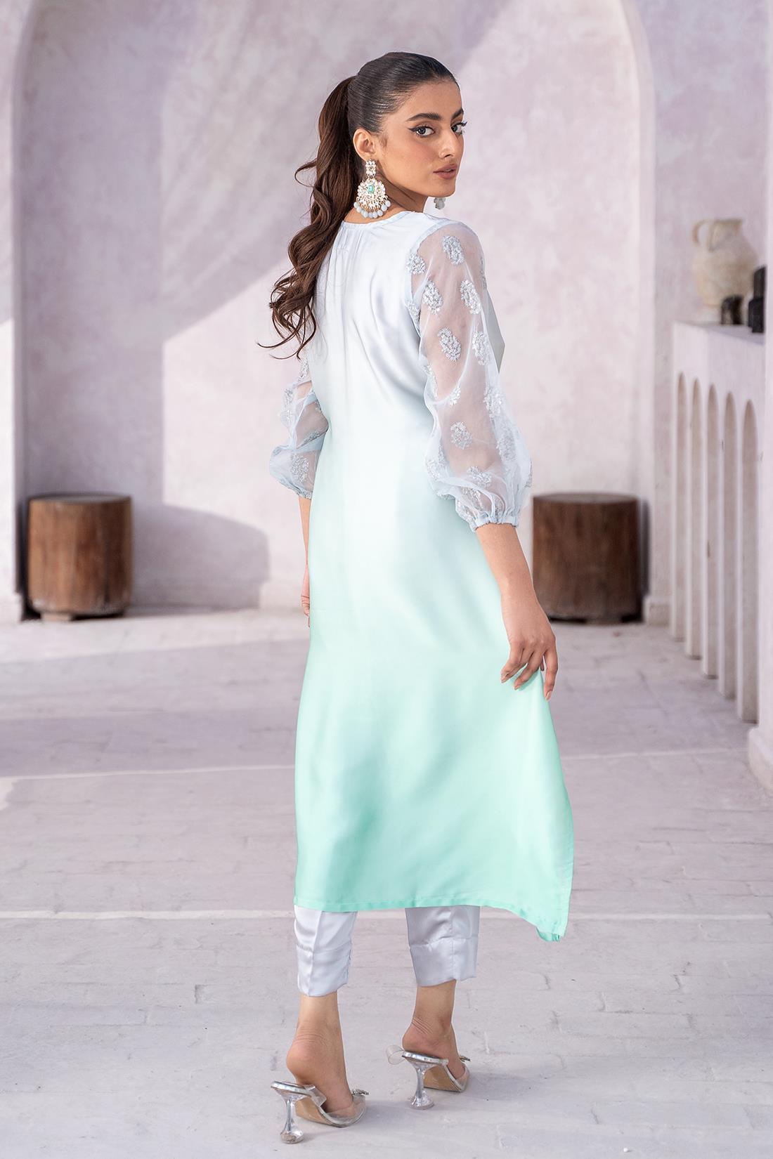 Grey & Mint Embroidered Organza A-Line Zoya Festive