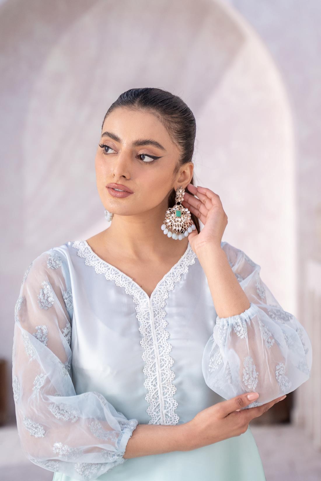 Grey & Mint Embroidered Organza A-Line Zoya Festive