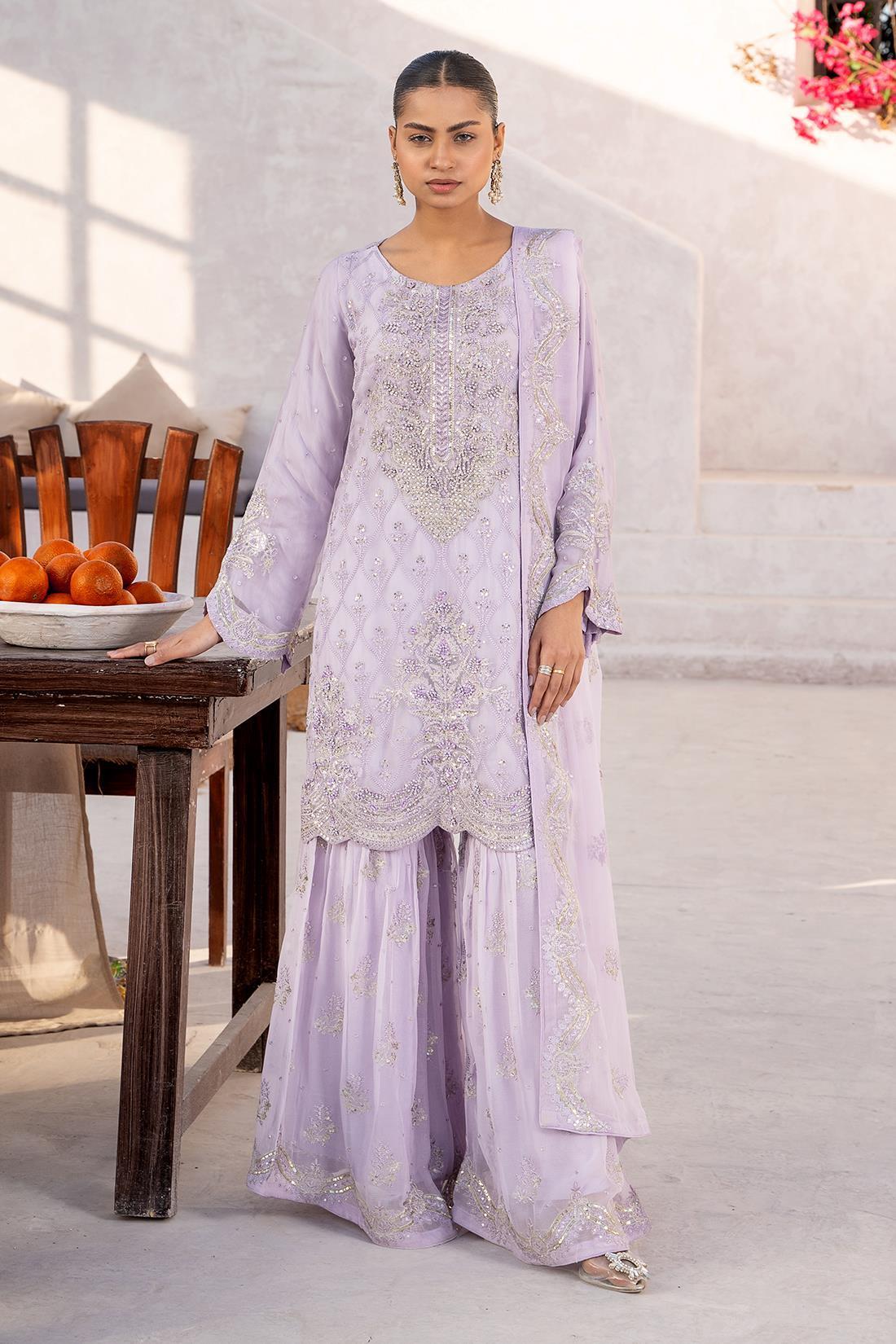 Lilac Embroidered Chiffon Gharara 3 Piece Suit