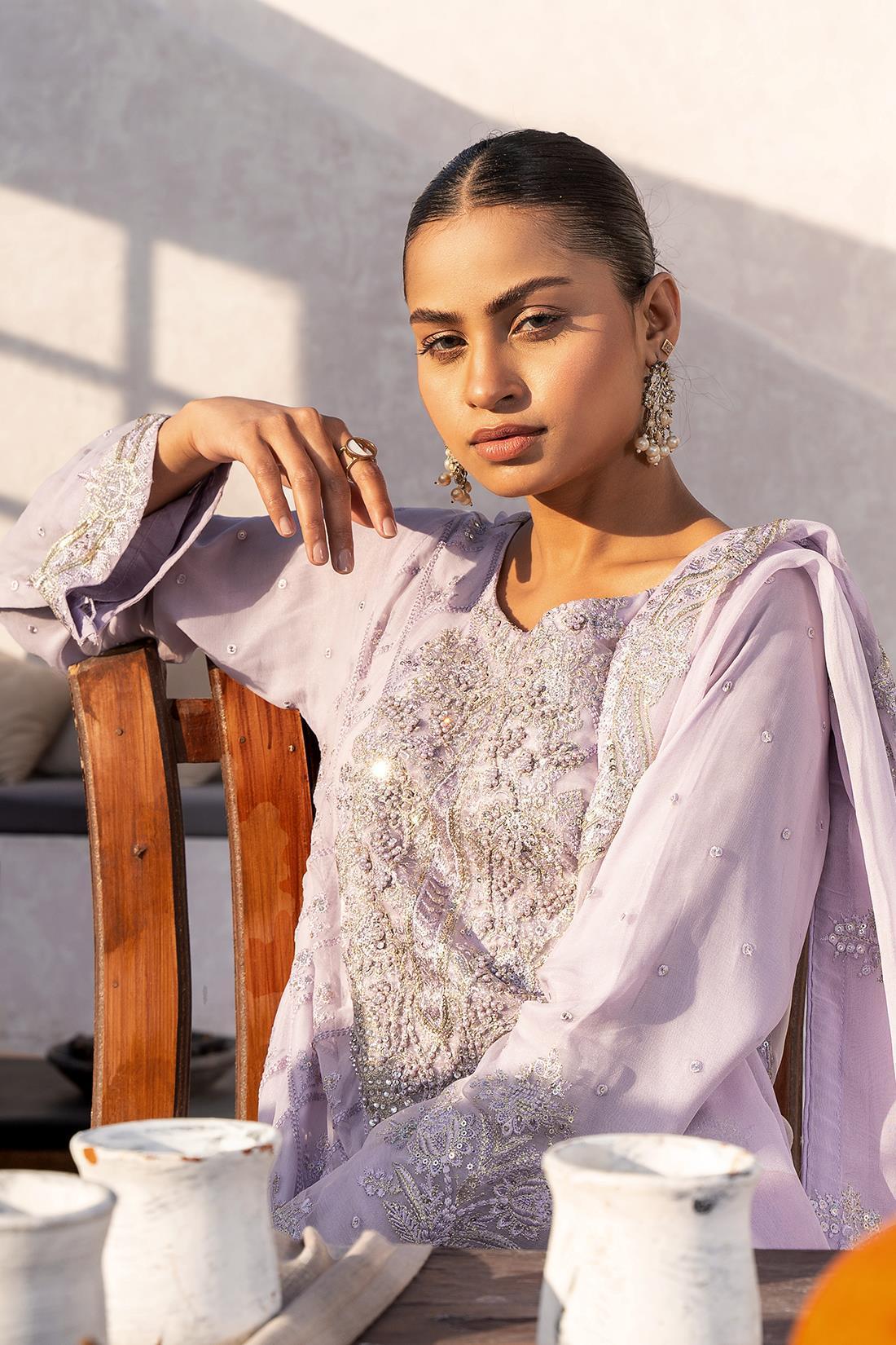 Lilac Embroidered Chiffon Gharara 3 Piece Suit