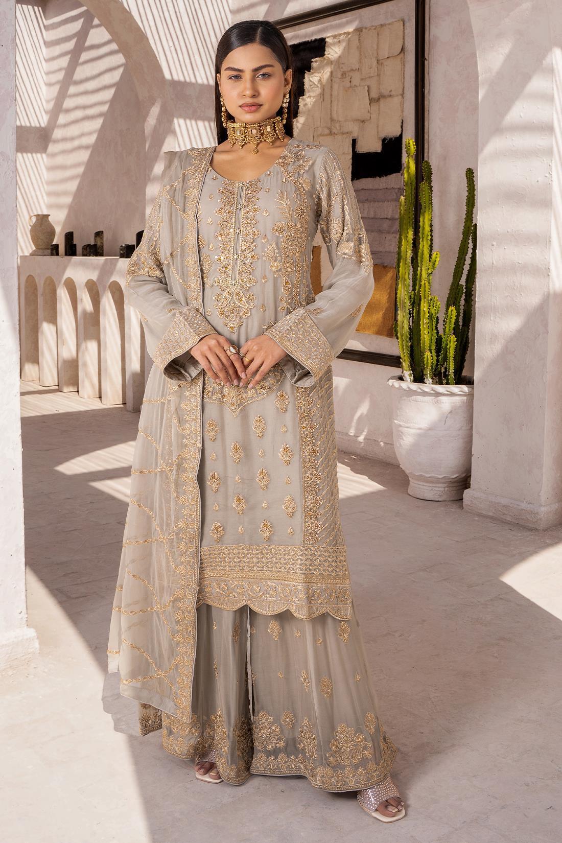 Grey Embroidered Sharara Chiffon 3 Piece Suit