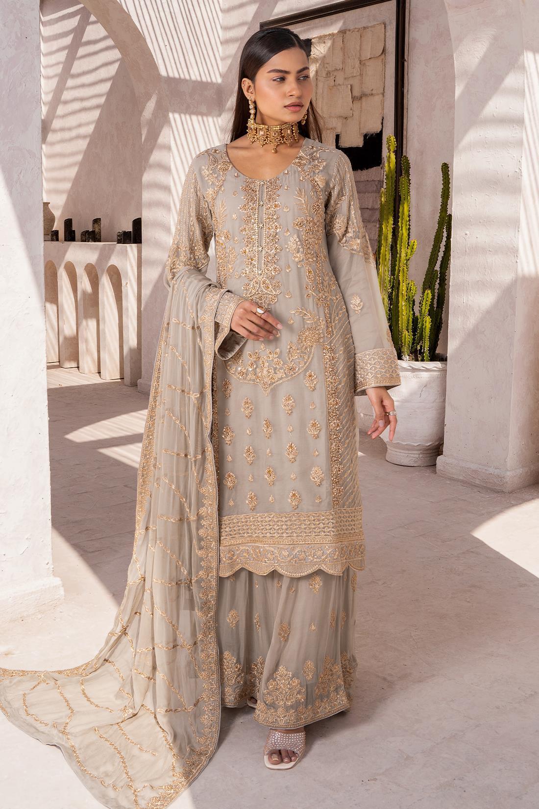 Grey Embroidered Sharara Chiffon 3 Piece Suit