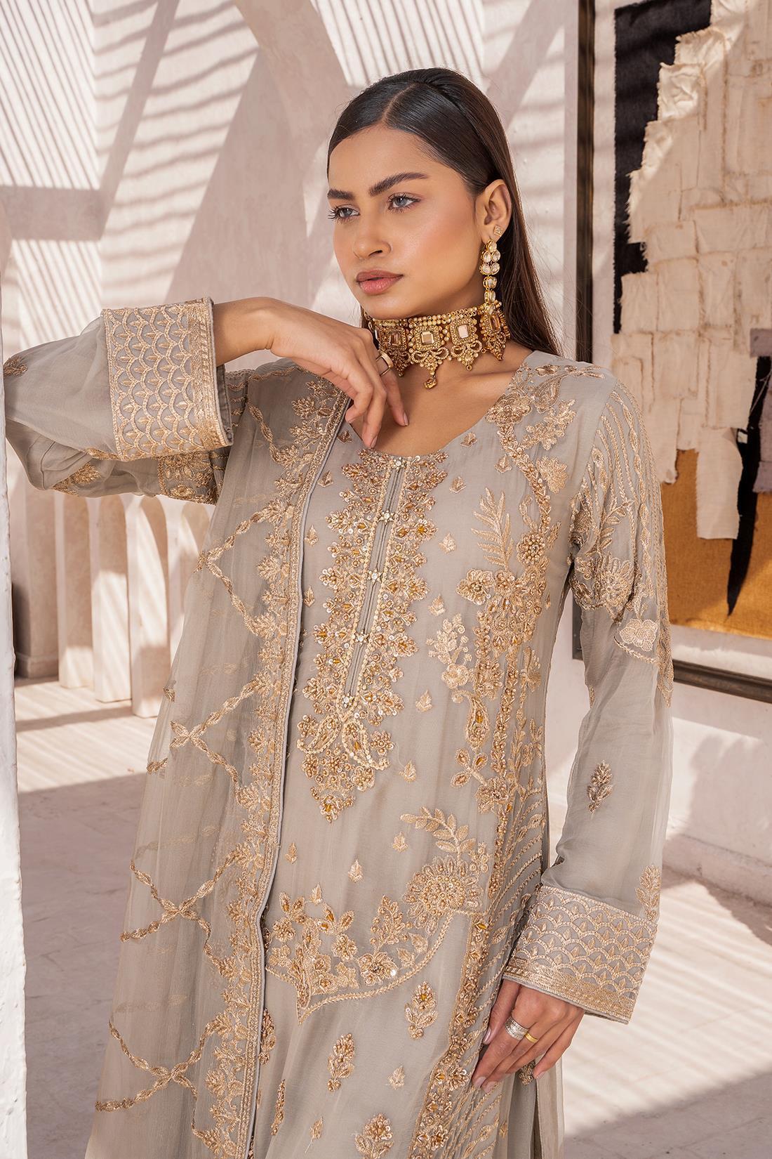 Grey Embroidered Sharara Chiffon 3 Piece Suit