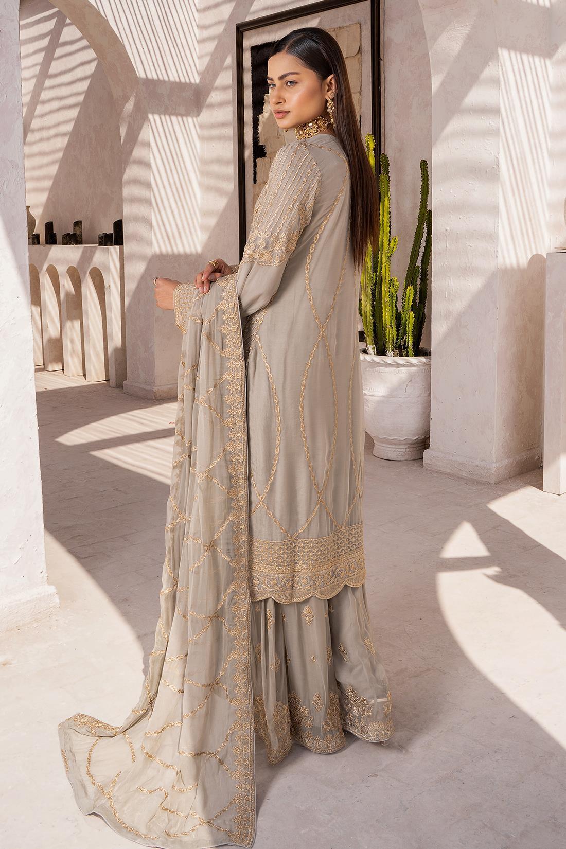 Grey Embroidered Sharara Chiffon 3 Piece Suit