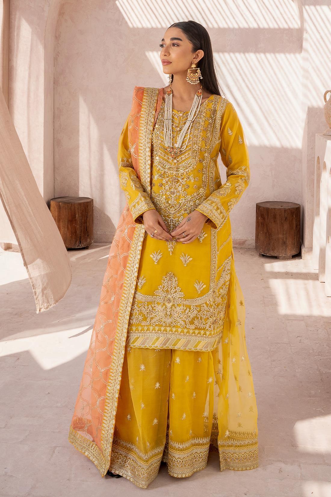 Mustard Sequinned Chiffon Sharara Organza 3 Piece Suit