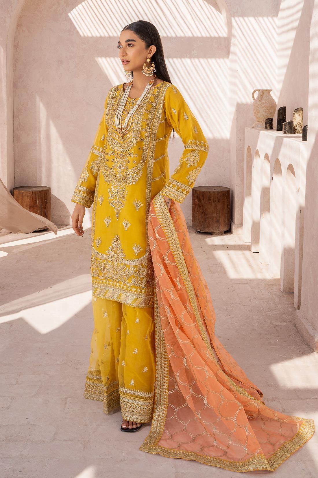 Mustard Sequinned Chiffon Sharara Organza 3 Piece Suit