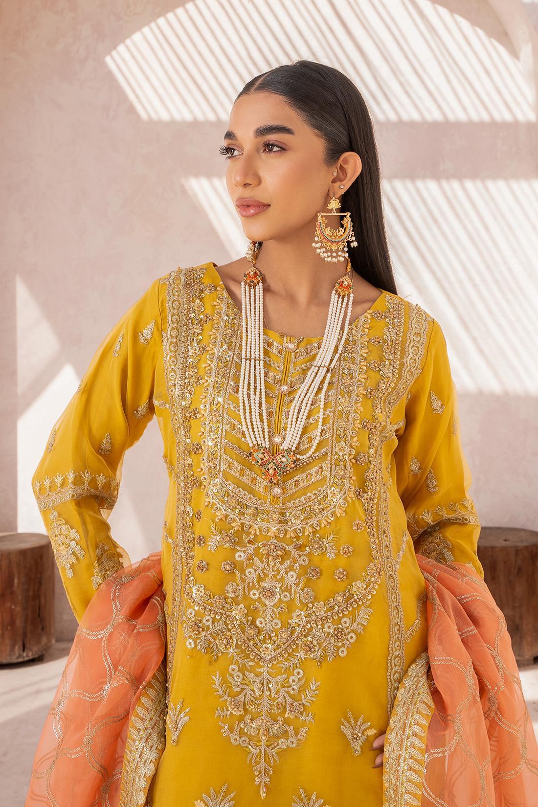 Mustard Sequinned Chiffon Sharara Organza 3 Piece Suit