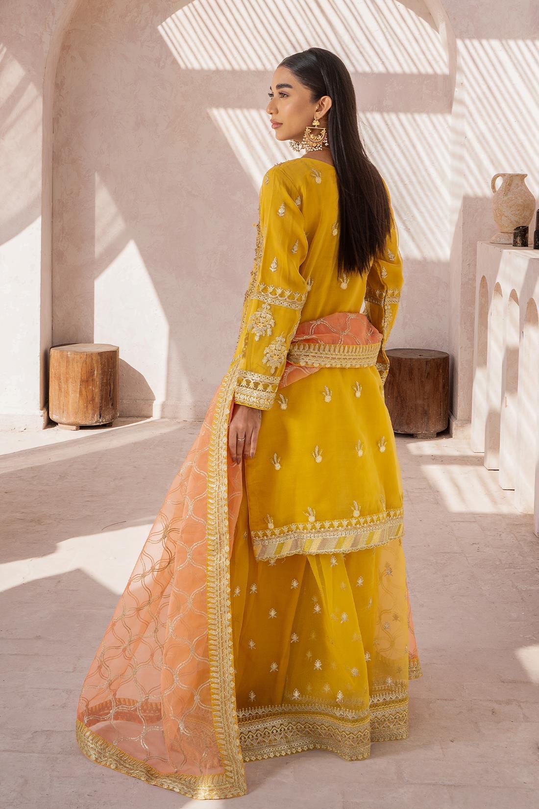 Mustard Sequinned Chiffon Sharara Organza 3 Piece Suit