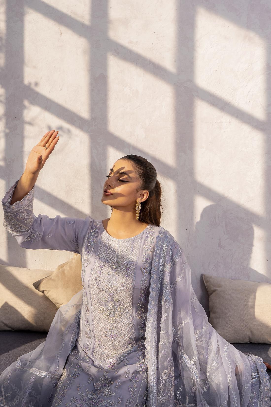 Lavendar Embroidered Raw Silk Chiffon 3 Piece Suit
