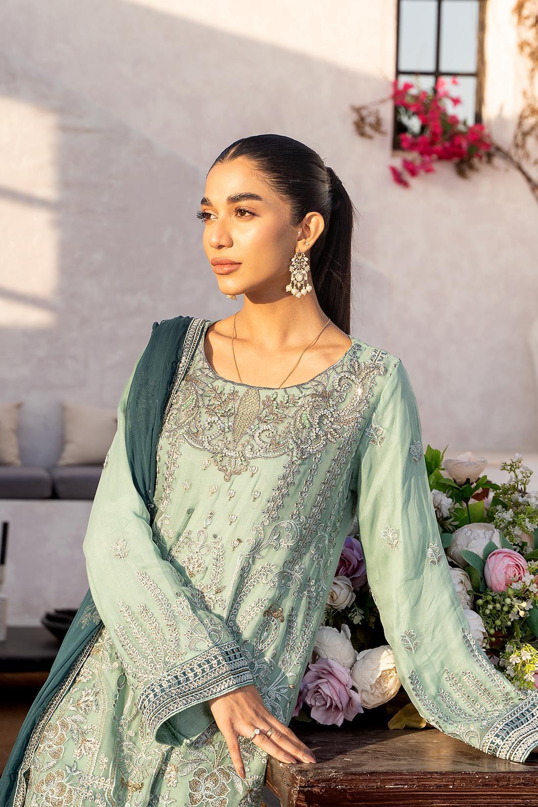 Mint Green Embroidered Raw Silk Palazzo Chiffon 3 Piece Suit