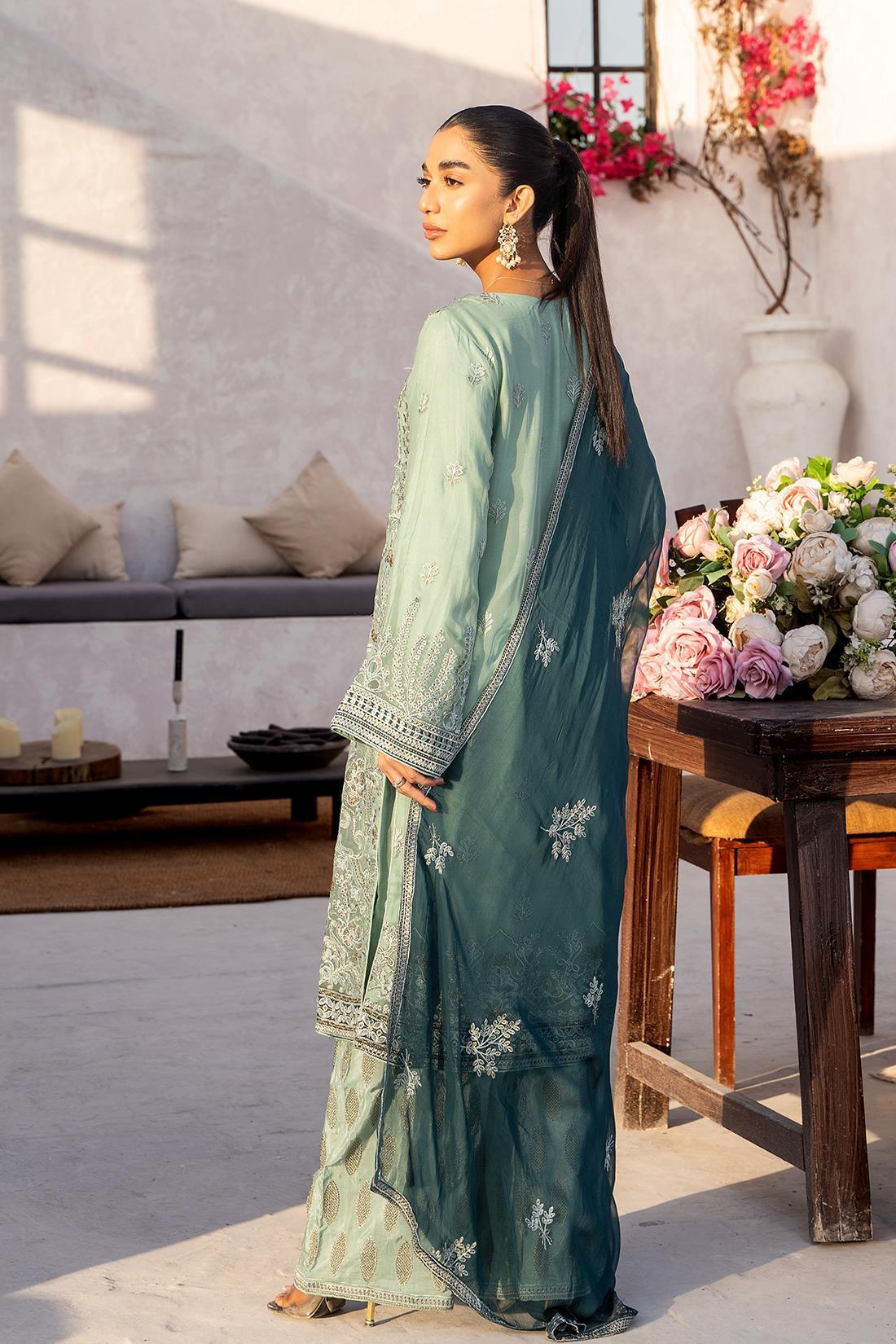 Mint Green Embroidered Raw Silk Palazzo Chiffon 3 Piece Suit