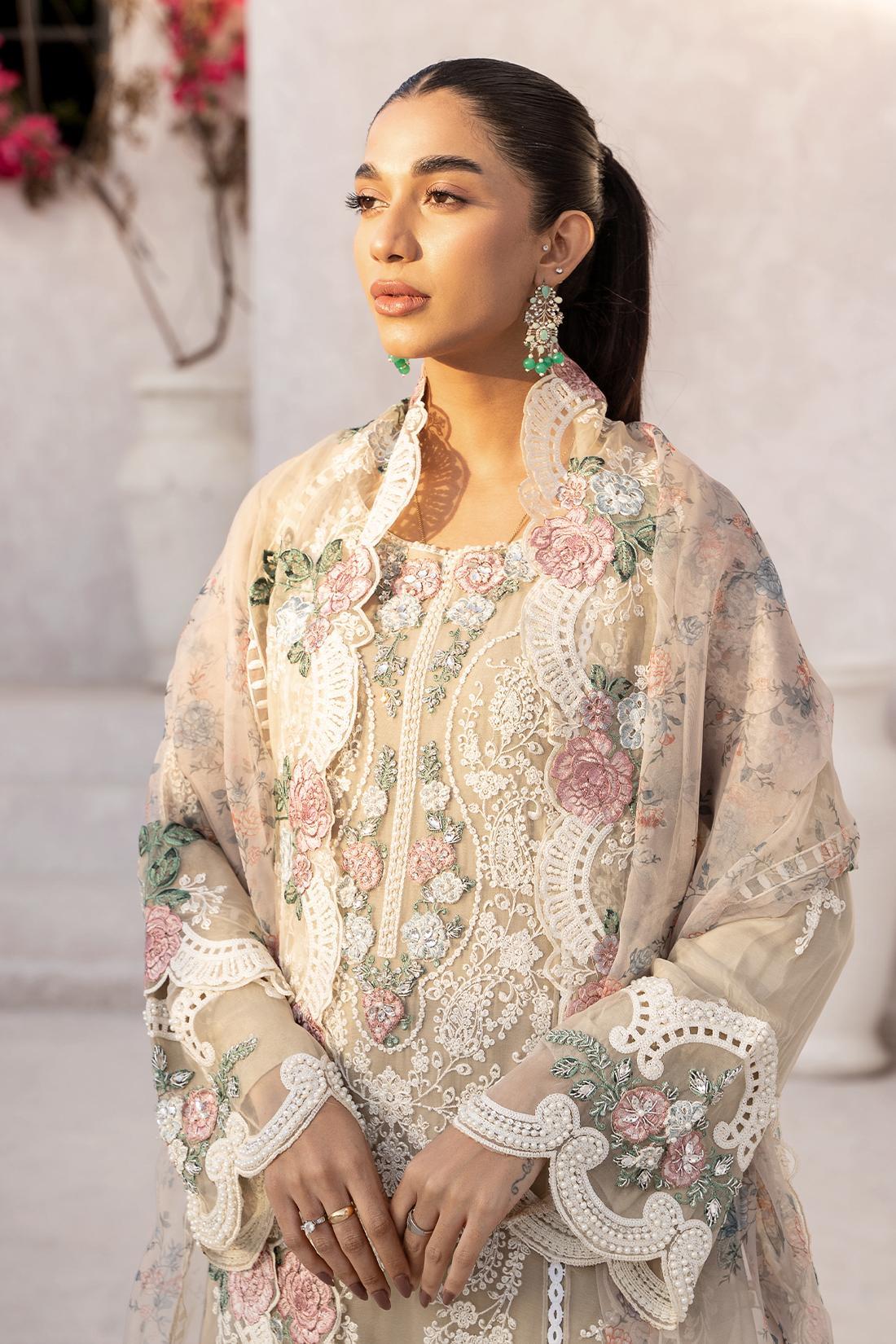 Beige Embroidered Raw Silk Chiffon 3 Piece Suit