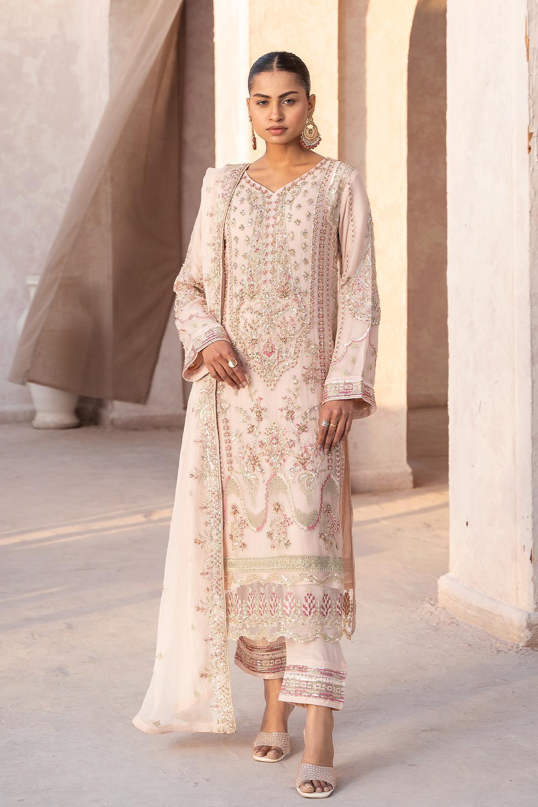 Peach Pink Embroidered Raw Silk Chiffon 3 Piece Suit