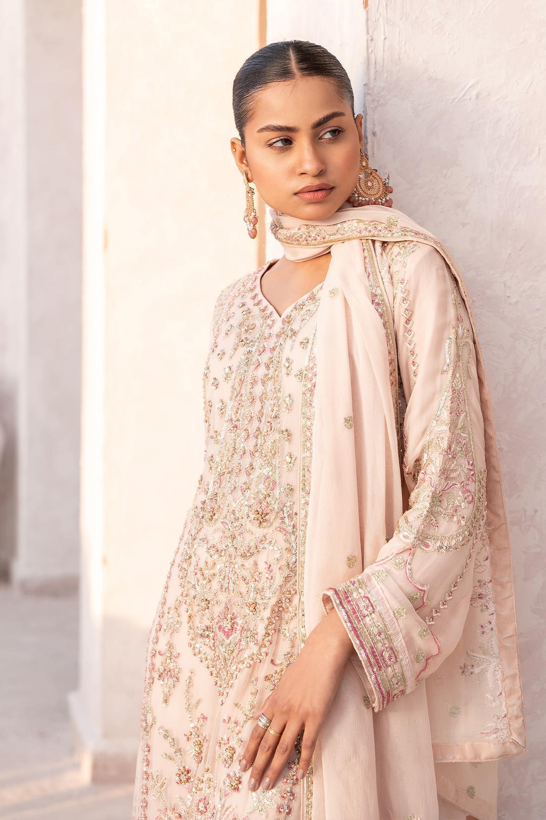 Peach Pink Embroidered Raw Silk Chiffon 3 Piece Suit