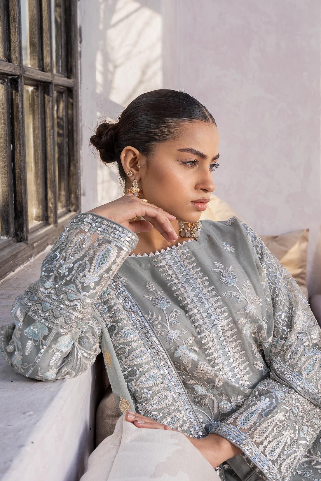 Grey Embroidered Raw Silk Chiffon 3 Piece Suit