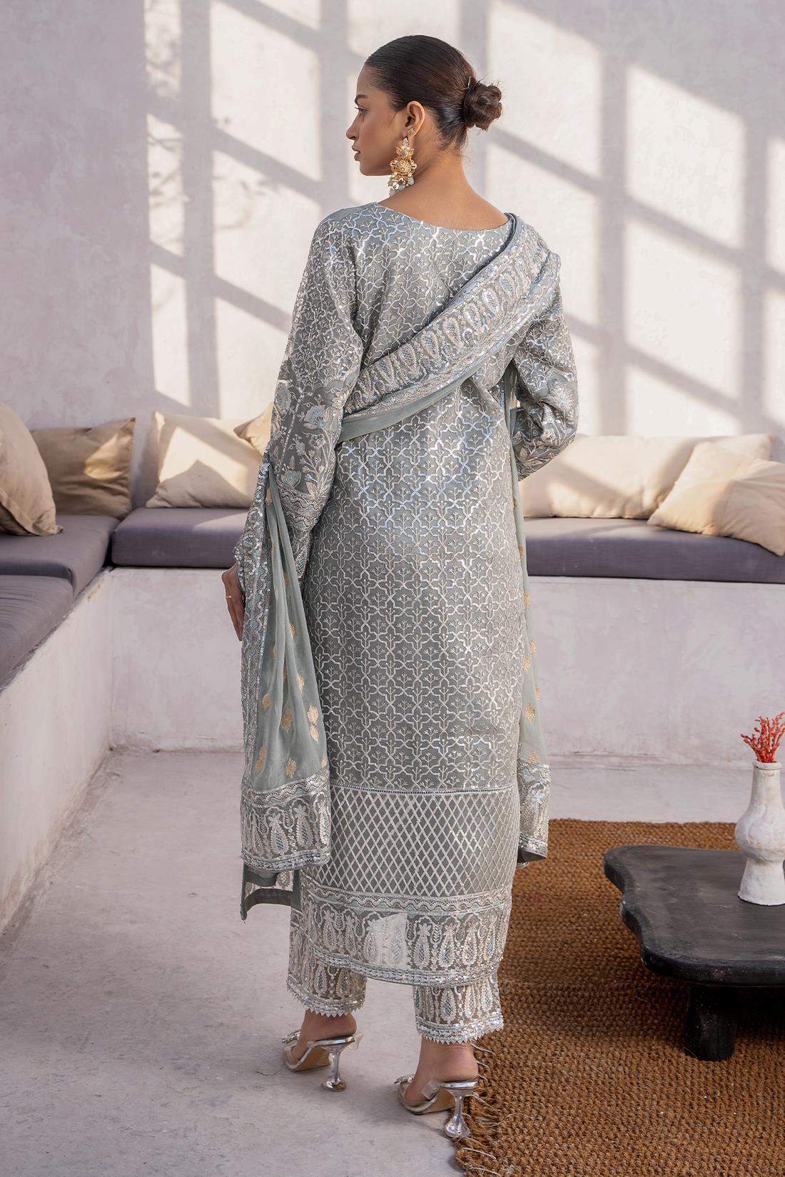 Grey Embroidered Raw Silk Chiffon 3 Piece Suit