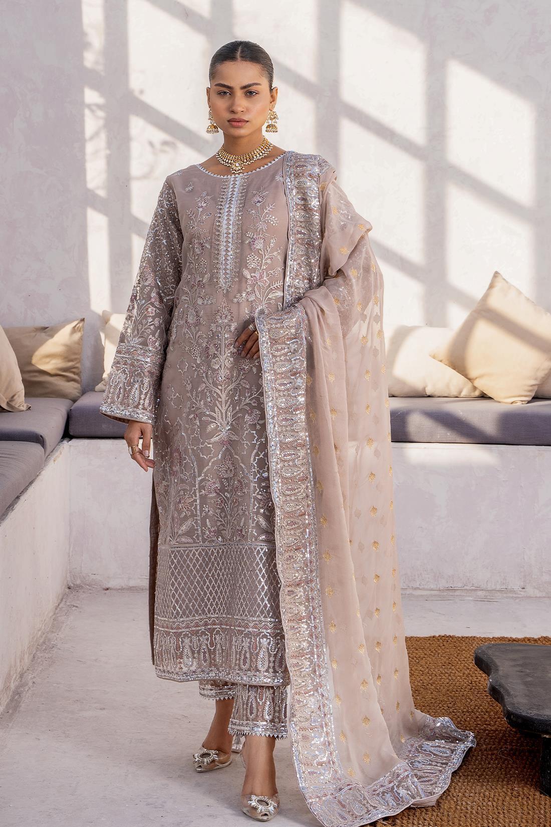 Mocha Embroidered Raw Silk Chiffon 3 Piece Suit