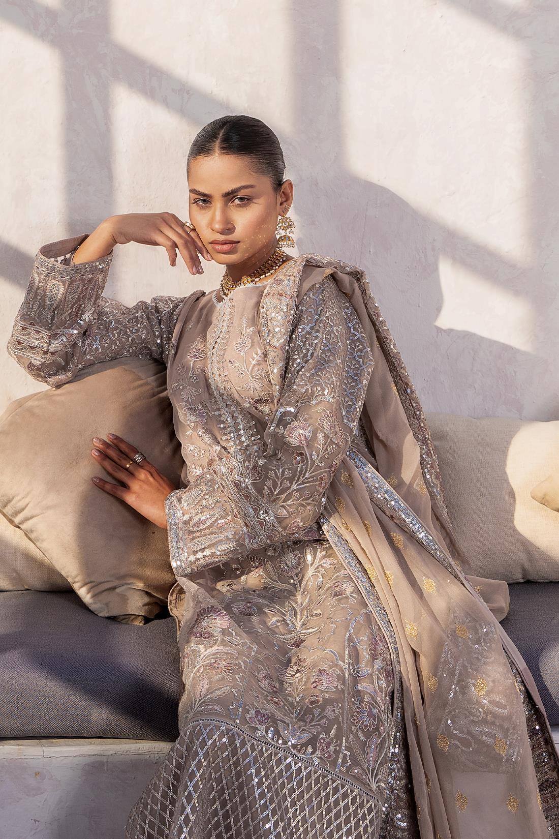 Mocha Embroidered Raw Silk Chiffon 3 Piece Suit