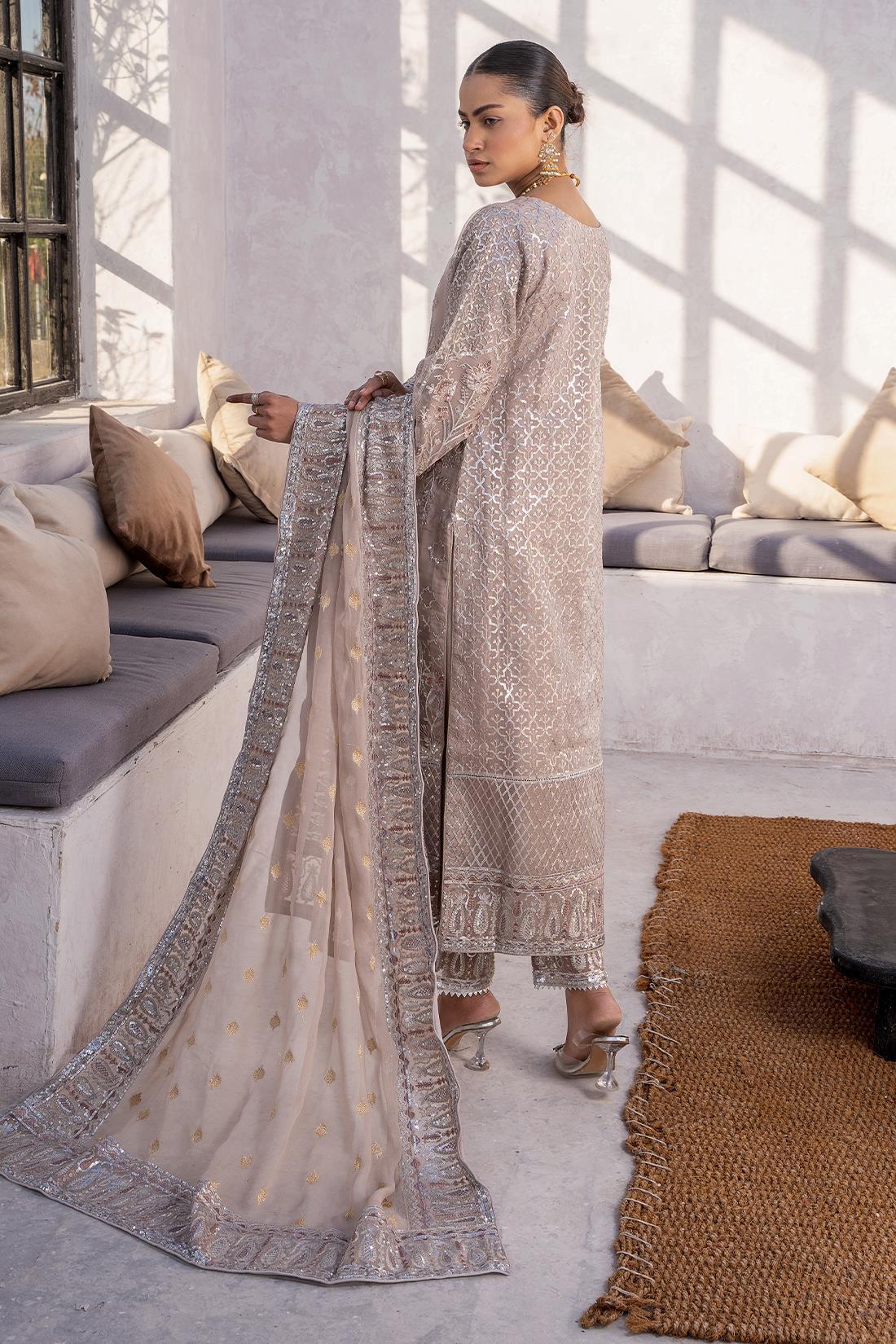 Mocha Embroidered Raw Silk Chiffon 3 Piece Suit