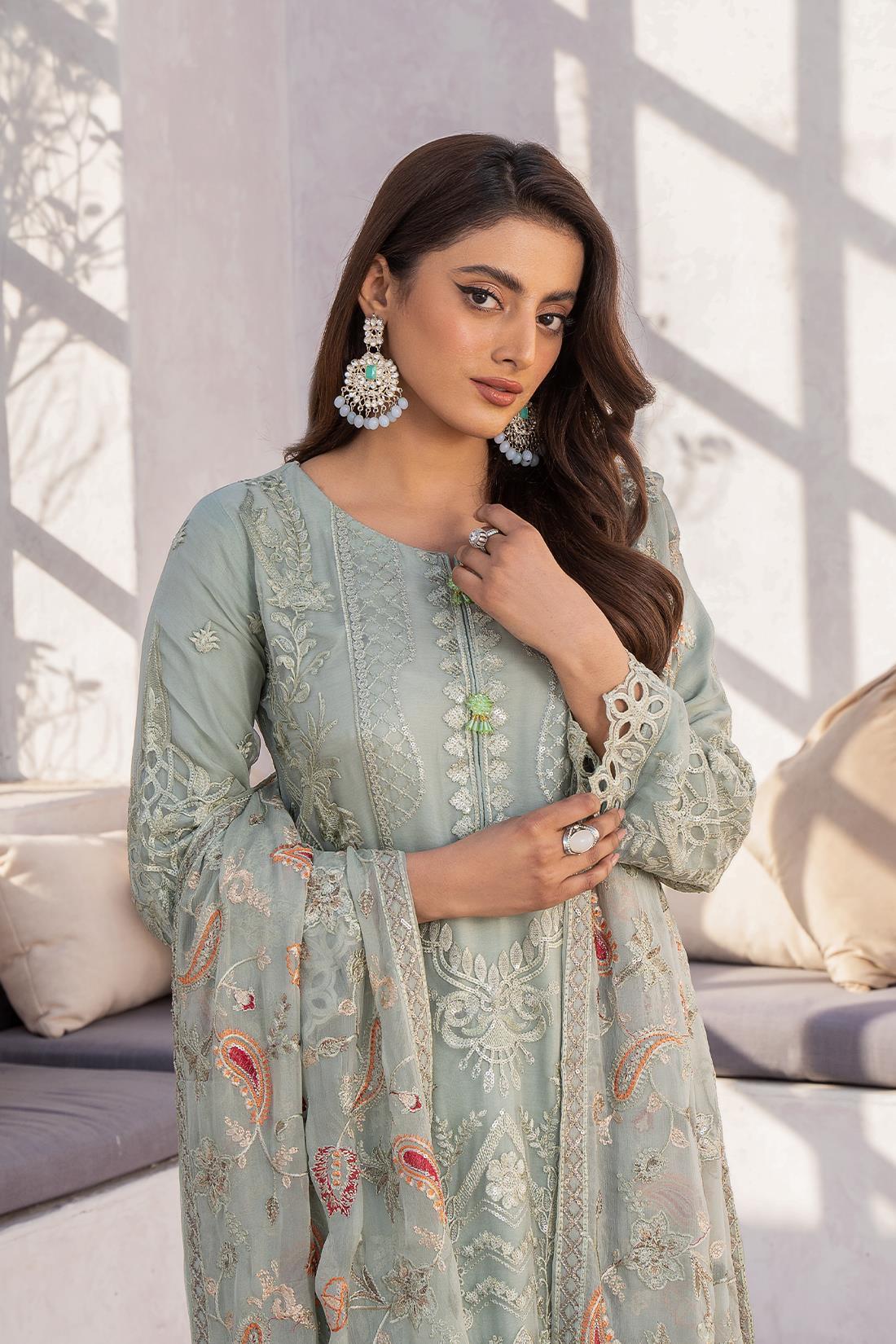 Mint Sequinned Raw Silk Chiffon 3 Piece Suit