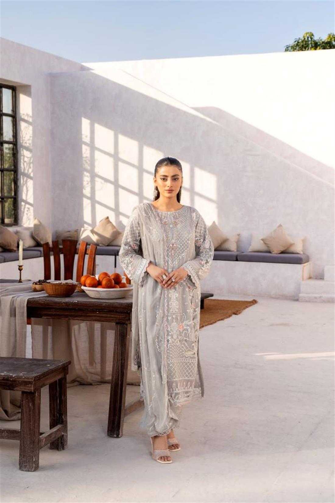 Grey Sequinned Raw Silk Chiffon 3 Piece Suit