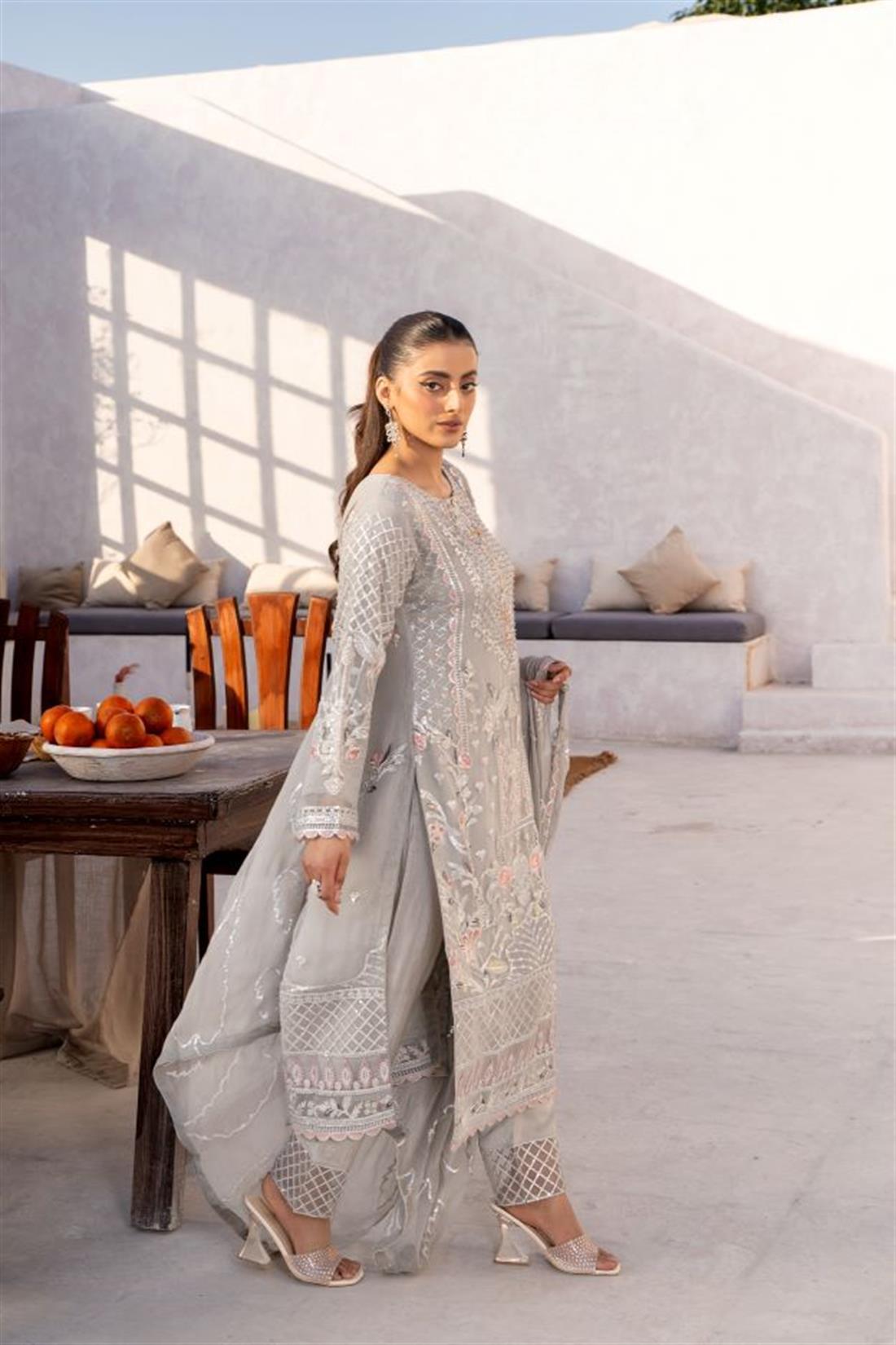 Grey Sequinned Raw Silk Chiffon 3 Piece Suit