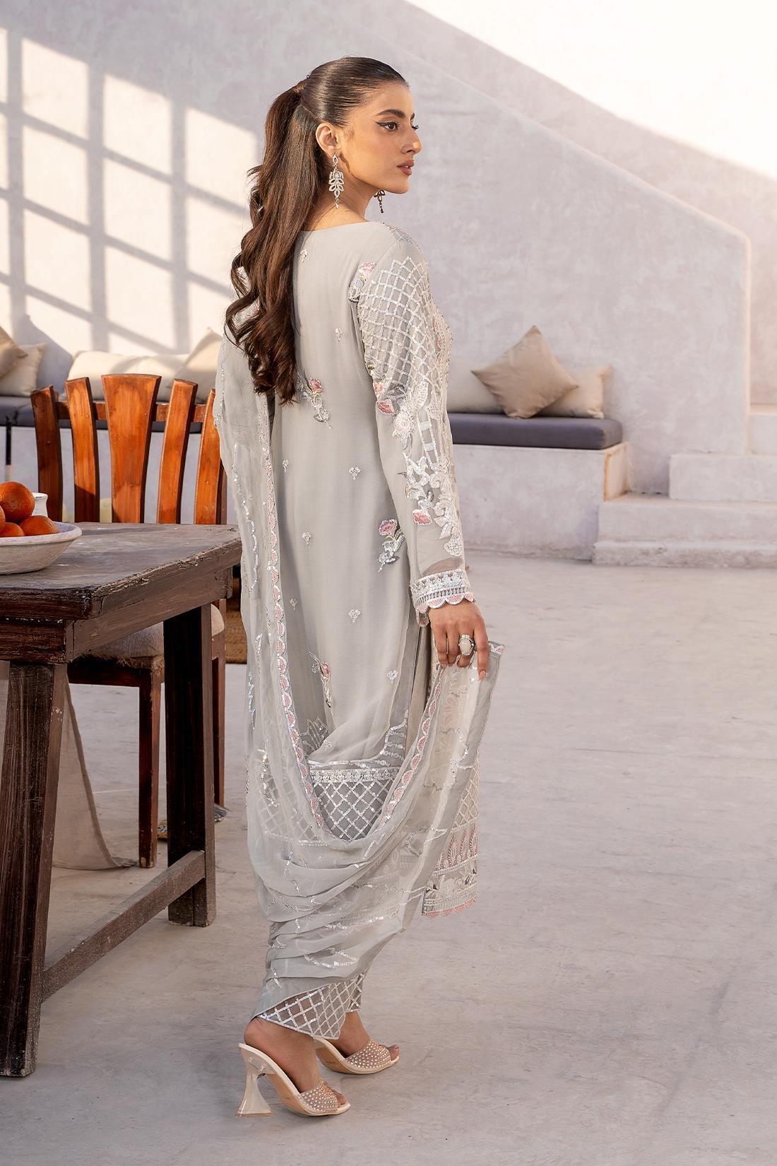 Grey Sequinned Raw Silk Chiffon 3 Piece Suit