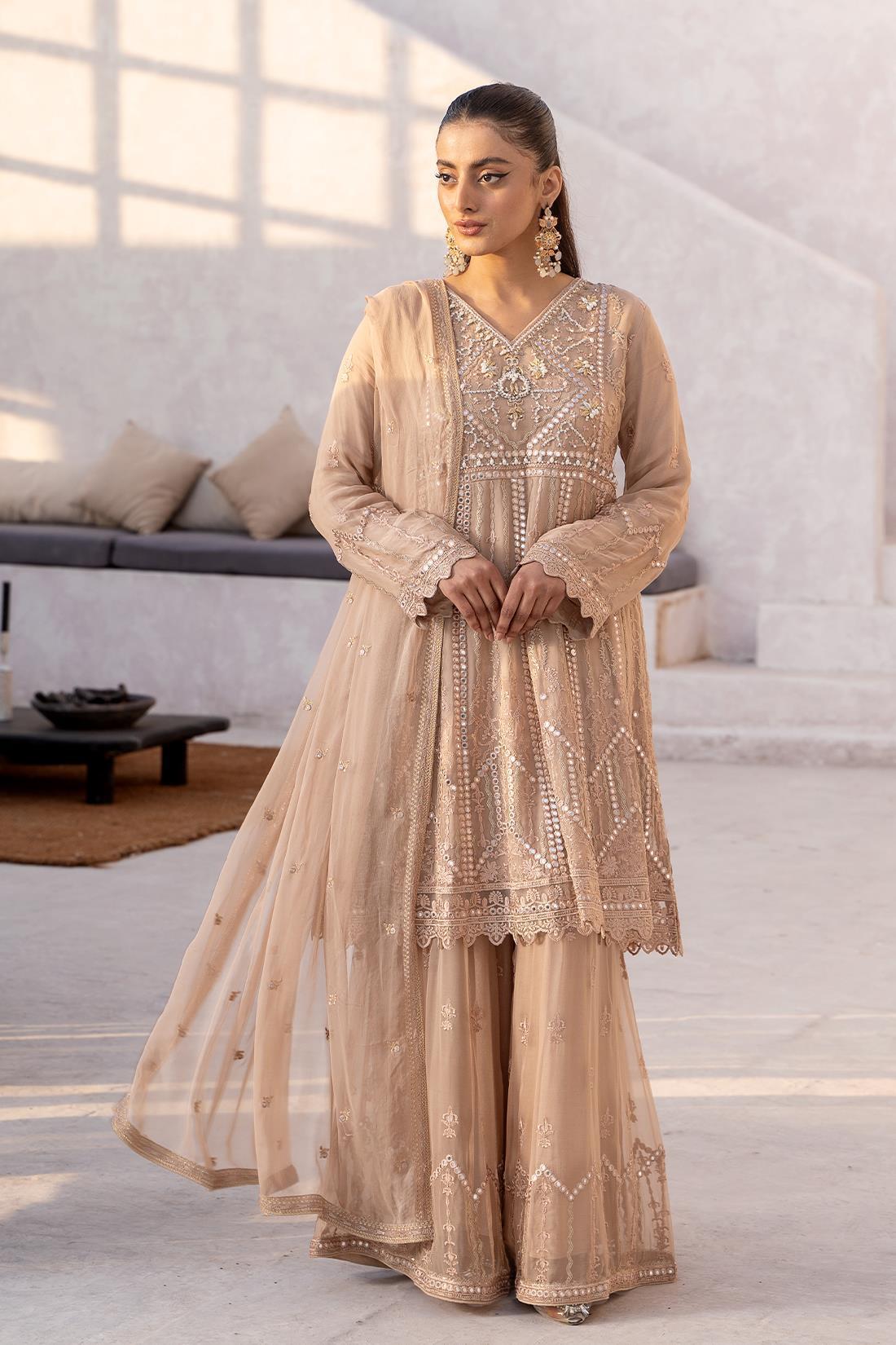 Camel Embroidered Sharara 3 Piece Chiffon Suit