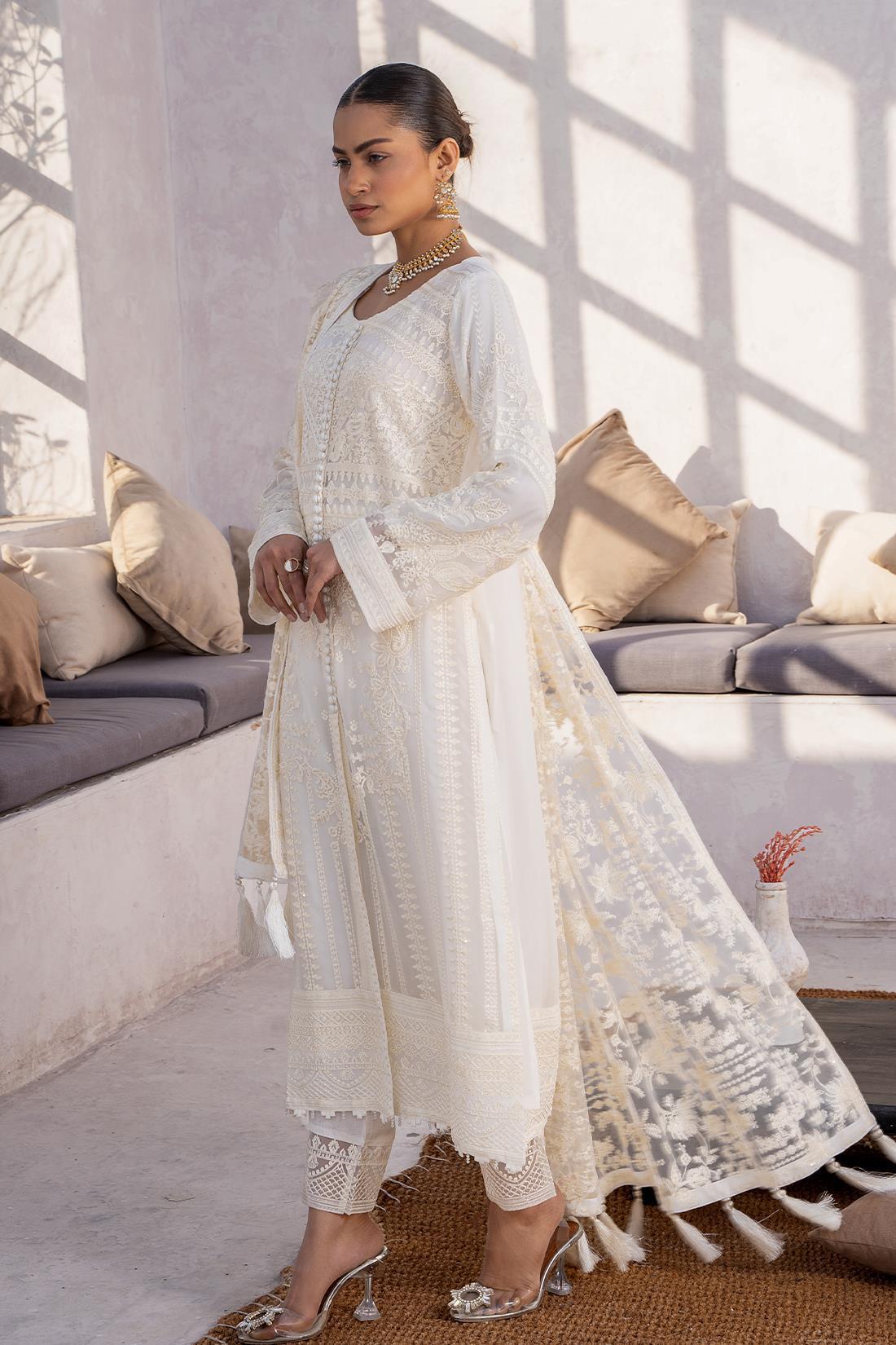 White Sequinned Raw Silk Chiffon 3 Piece Suit