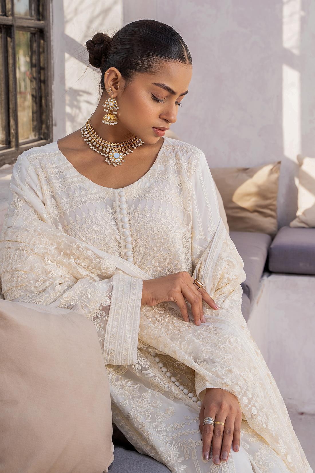 White Sequinned Raw Silk Chiffon 3 Piece Suit